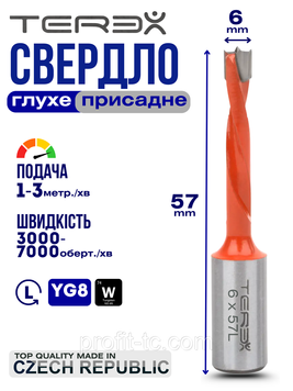 Свердло глухе Terex d 6 мм, L 57 мм ліве обертання, свердло свердлильно-присадного верстата 1032969273 фото