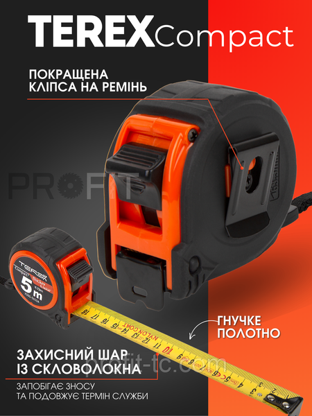 Рулетка вимірювальна TEREX Compact (5 м) з металевим полотном, нейлонове покриття X56G-5025A фото