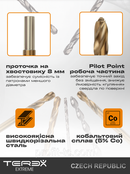Сверло кобальтовое по металлу Terex HSS-Co 12x151x98 мм, Pilot Point, хвостовик с проточкой 8 мм, DIN 338 2567959772 фото